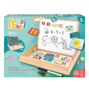 HappiHobbi Magnet Ξύλινος Μαγνητικός Επιτραπέζιος Πίνακας 2 Όψεων Με 35 Εκπαιδευτικούς Μαγνήτες Για 3+